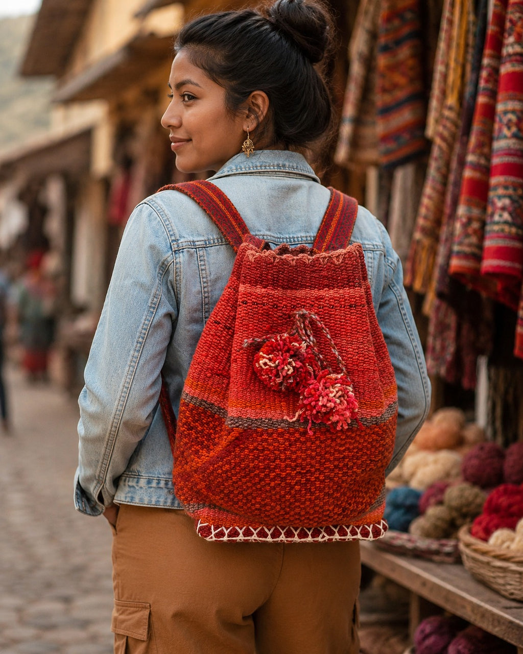 Woven backpack with a flower design