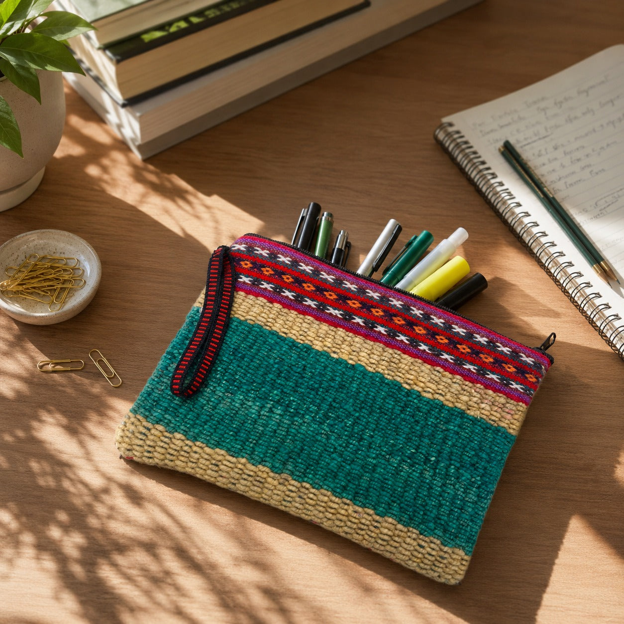 Turquoise knitted pencil case